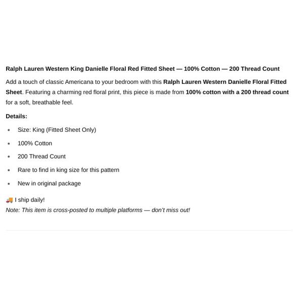 Ralph Lauren VTG Western KING Danielle Floral Red Fitted Sheet 200 Cotton NIP - Picture 6 of 6